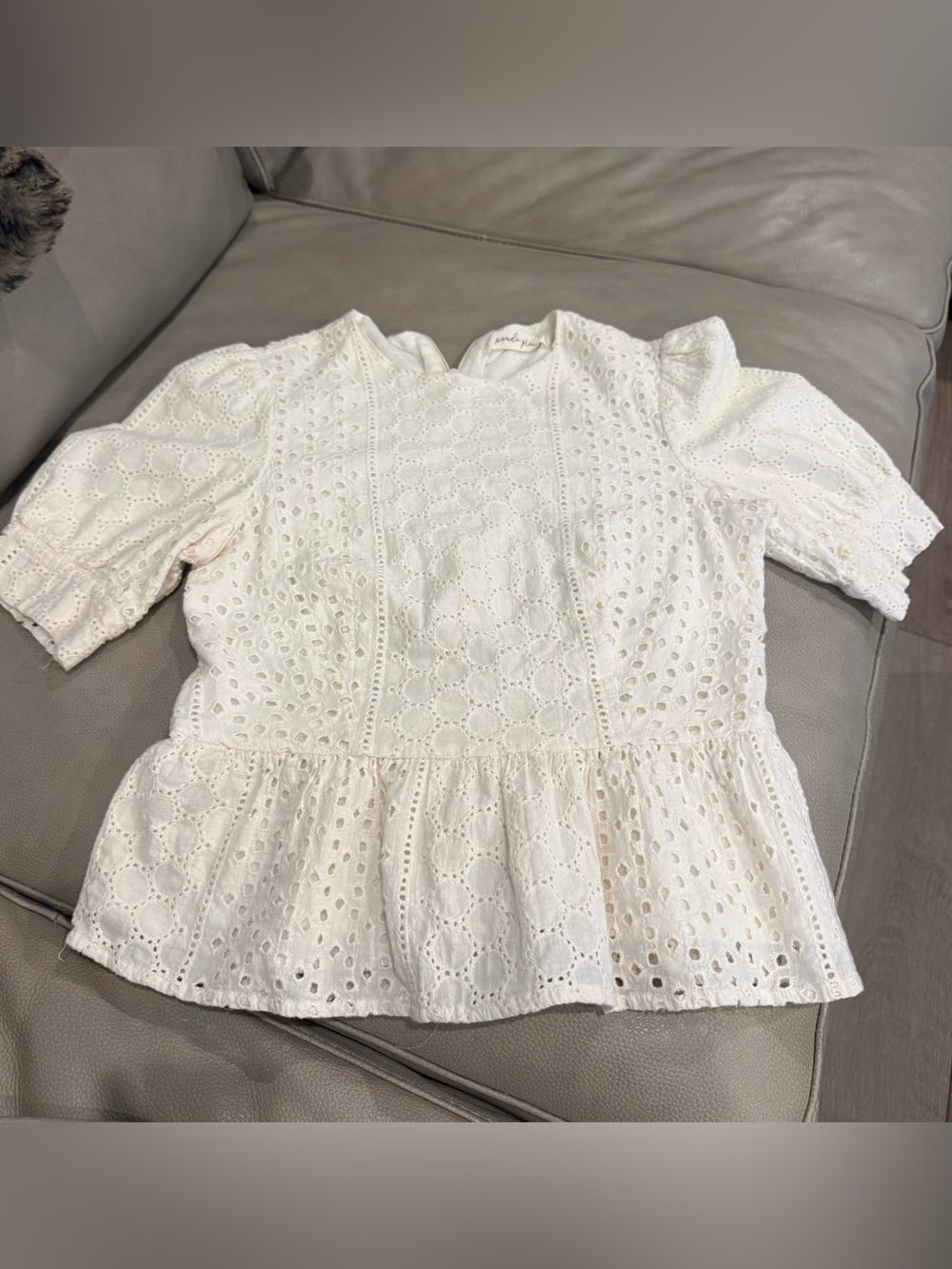 White/ivory Eyelet Peplum Tunic with Puff Sleeves
